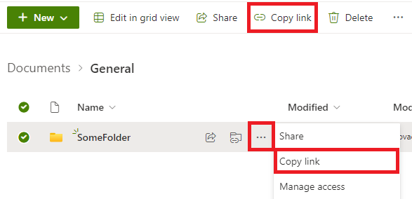 Screenshot of the 'Copy link' button location on cloud SharePoint