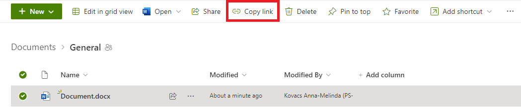 Screenshot of the 'Copy link' button location on cloud SharePoint