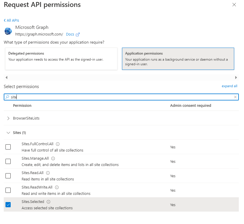 Screenshot setting API permissions for the application